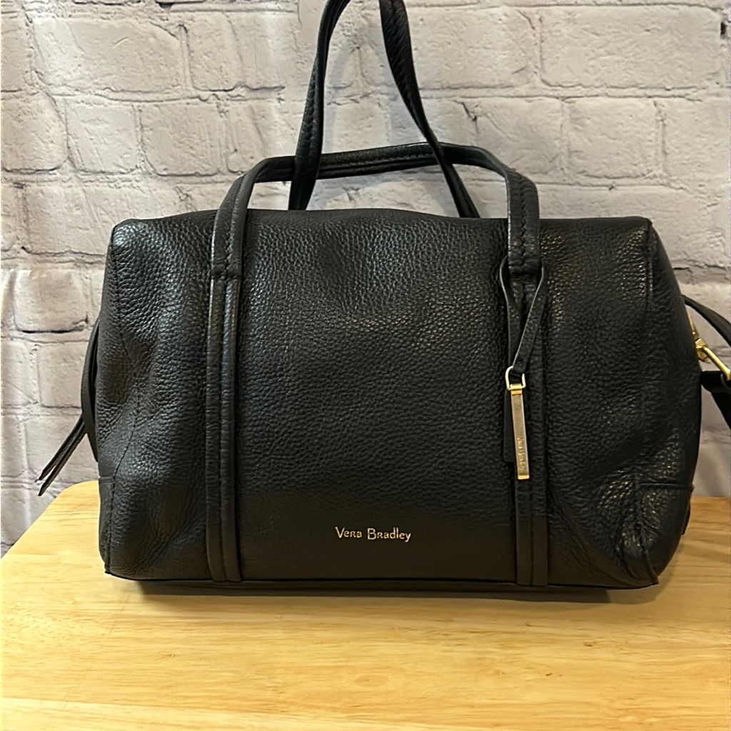 Vera Bradley Black Pebbled Leather Mallory Satchel.